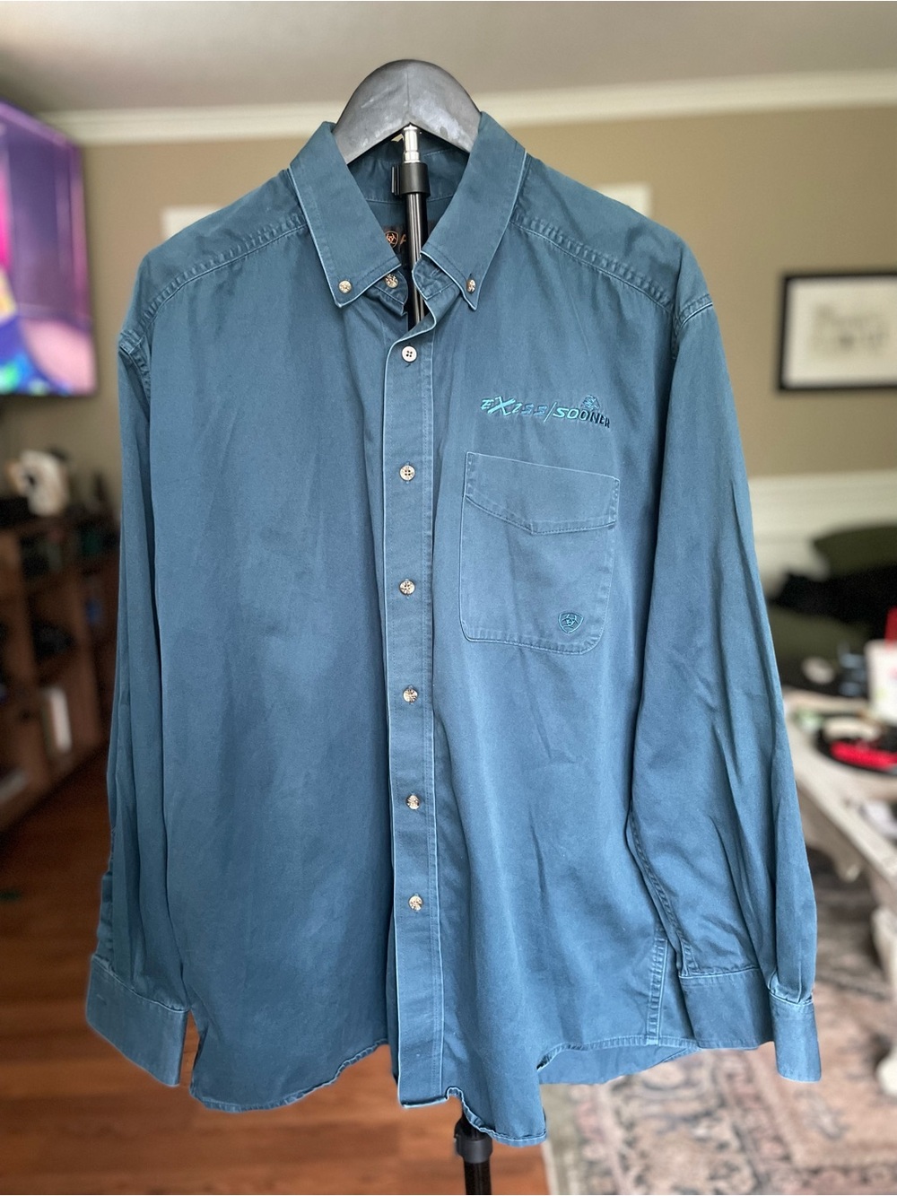 Ariat Teal Button-Down Long Sleeve Shirt, Men’s XL-‎ “eXiss/Sooner” Above Pocket